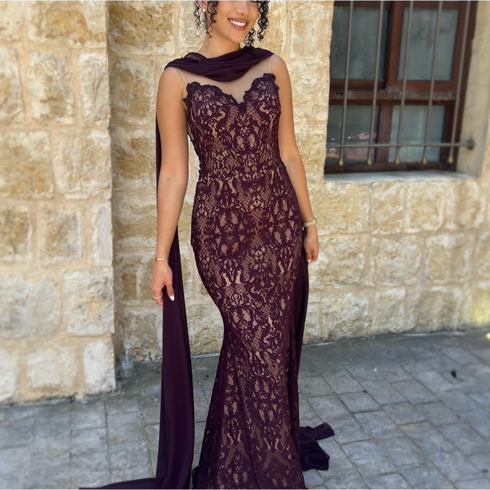 Tarik Ediz Plum Lace Mermaid Evening Gown